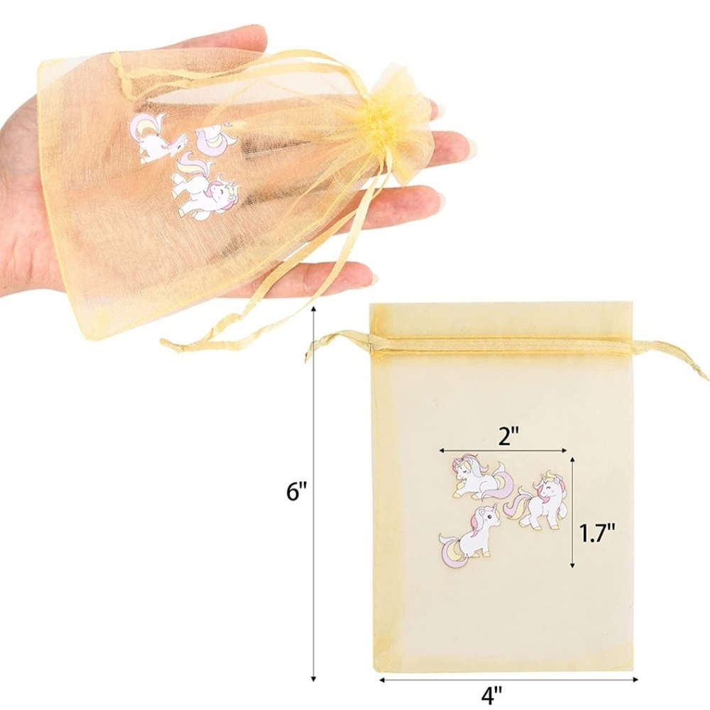 15 Unicorn Design Yellow 4x6 Sheer Drawstring Organza Bags